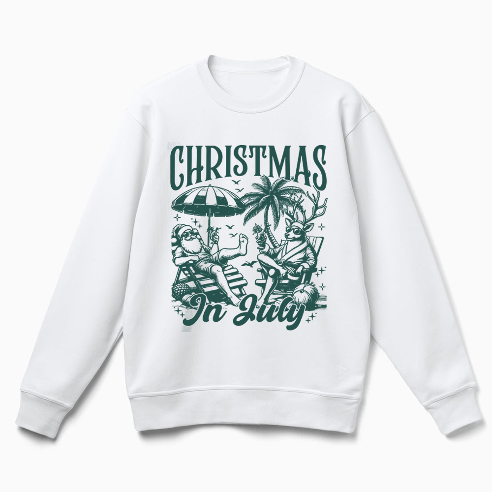 A white sweatshirt with a graphic design featuring Santa Claus and a palm tree, along with the text "Christmas In July".