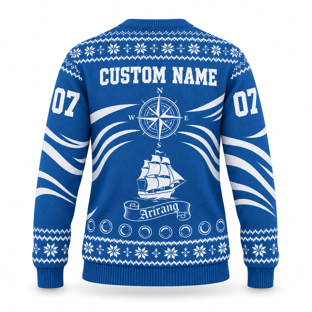 Arirang Swim Custom Name Ugly Christmas Sweater, Blue Nautical Kpop Fan Holiday Gift