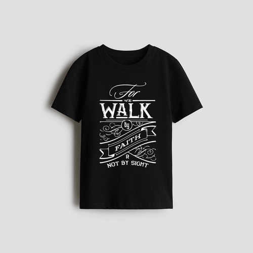 A black t-shirt with a white graphic design featuring text and decorative elements.