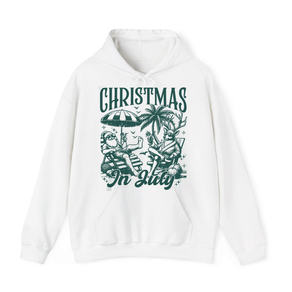 A white hoodie with a graphic design featuring Santa Claus and a palm tree, along with the text "CHRISTMAS IN JULY" printed on it.