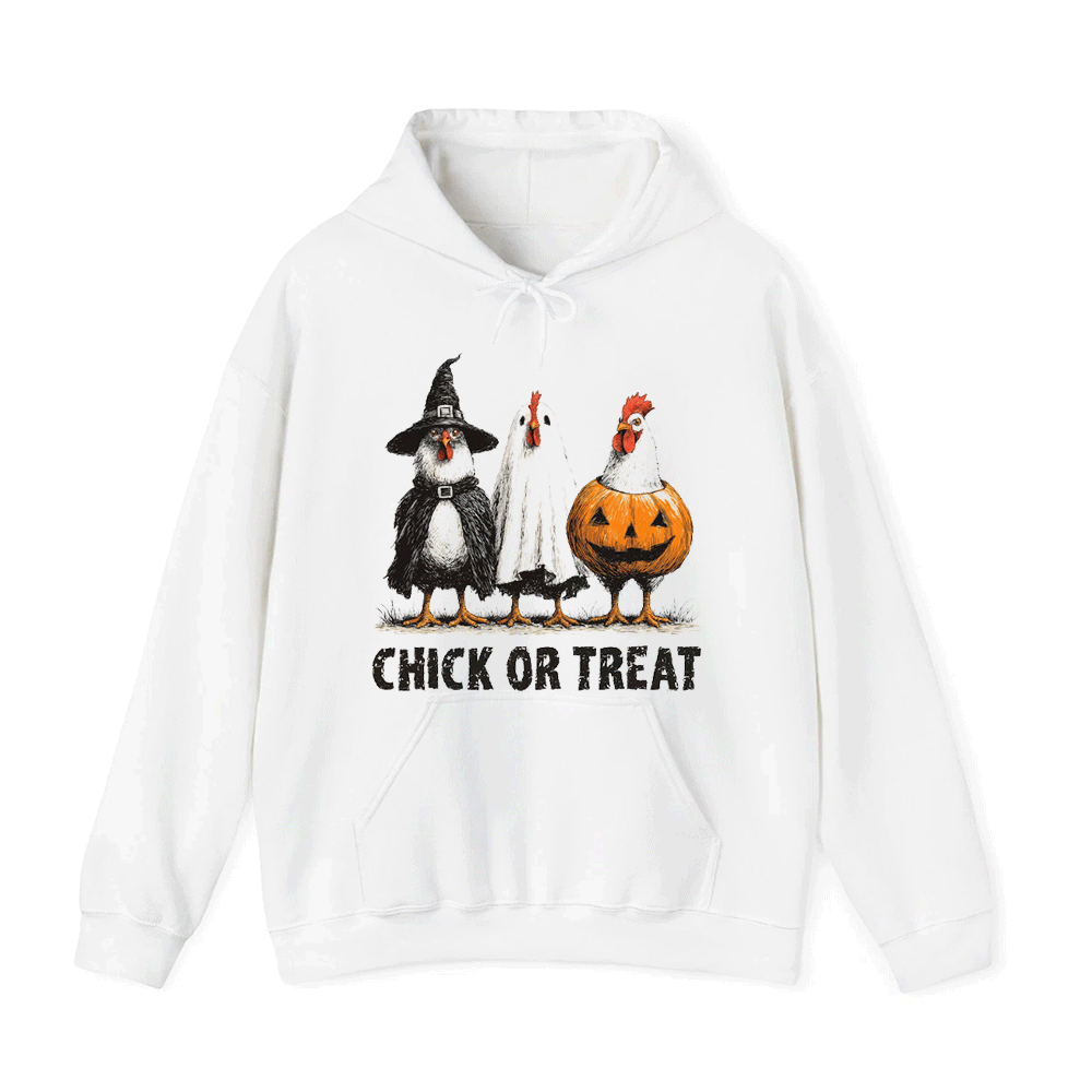 A white hoodie with a graphic design featuring three chickens dressed in Halloween costumes, along with the text "CHICK OR TREAT" below the image.