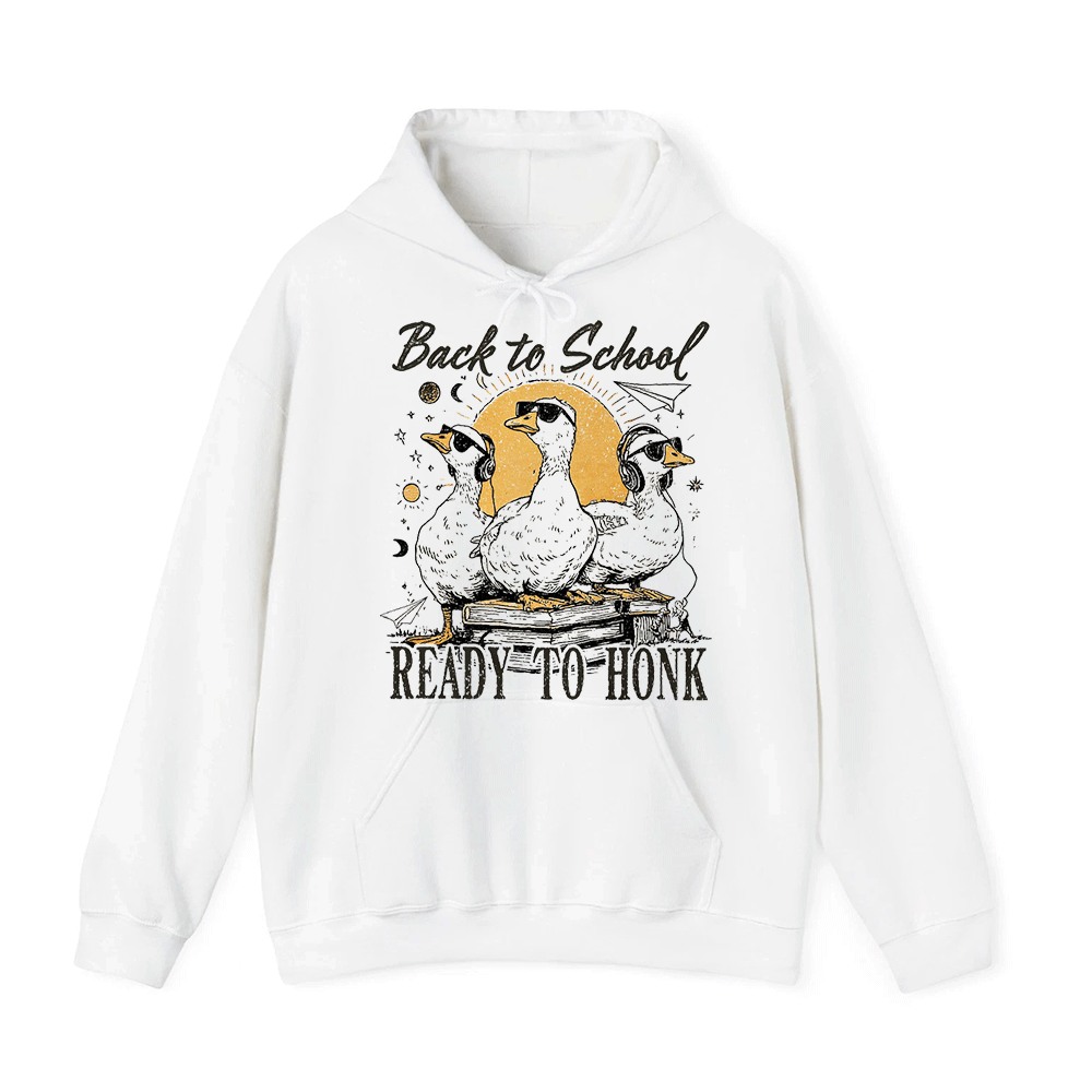 A white hoodie with a graphic design featuring three cartoon ducks and the text "Back to School READY to Honk" printed on it.