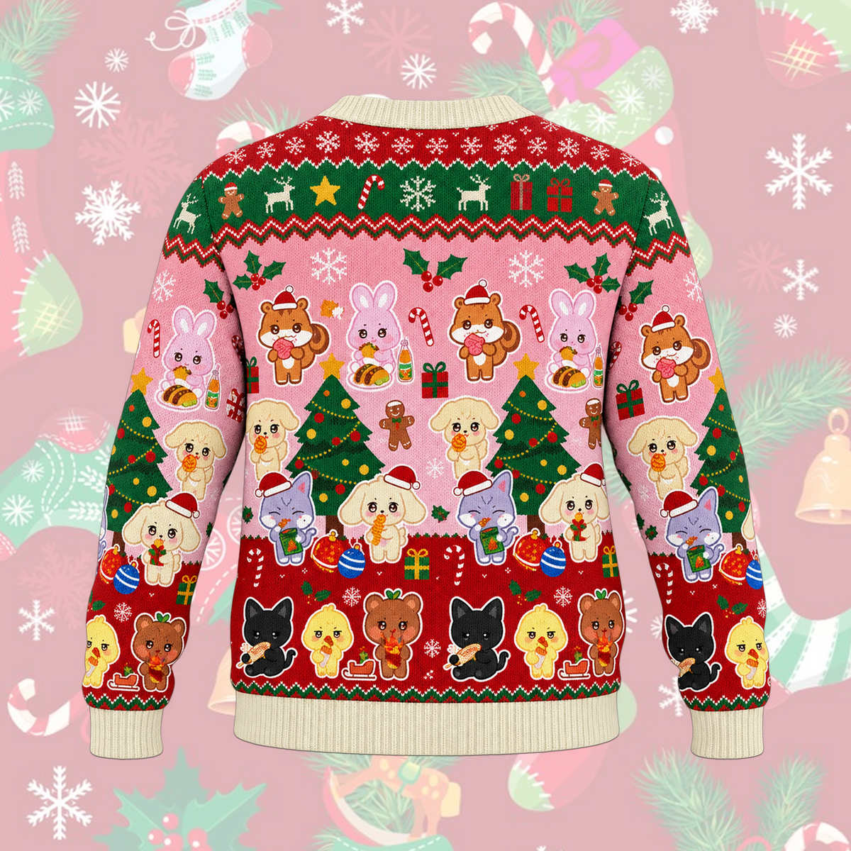 Bright ATEEZ All Members Mascot Festive Pink Fair Isle Knitted Cardigan For Atiny