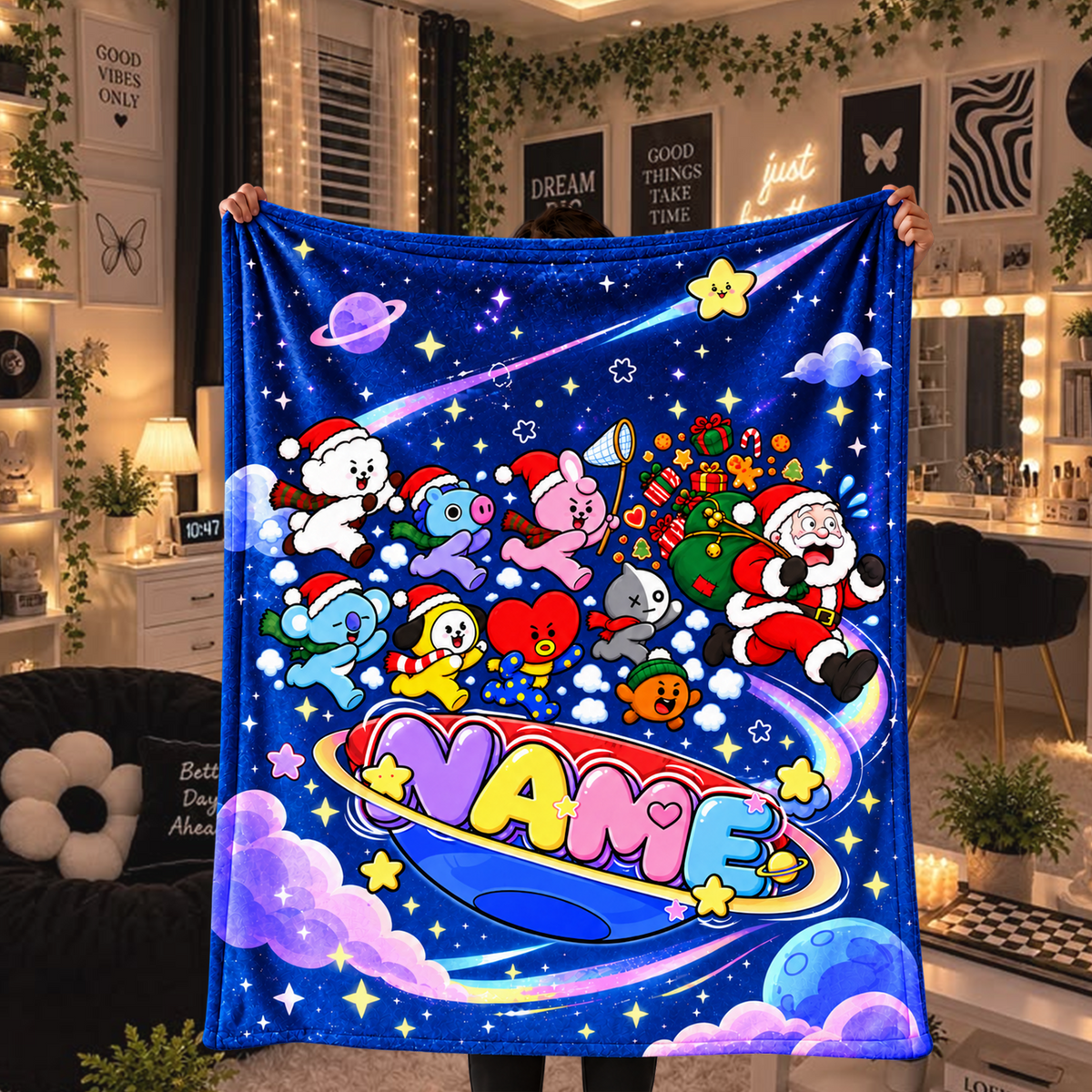 BTS BT21 Custom Name Christmas Fleece Blanket Outer Space Gift For Fans