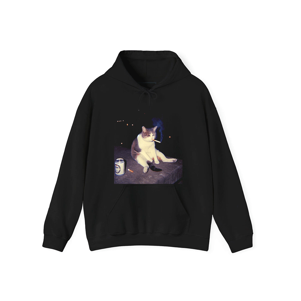 A black hoodie with a graphic of a cat smoking a cigarette.