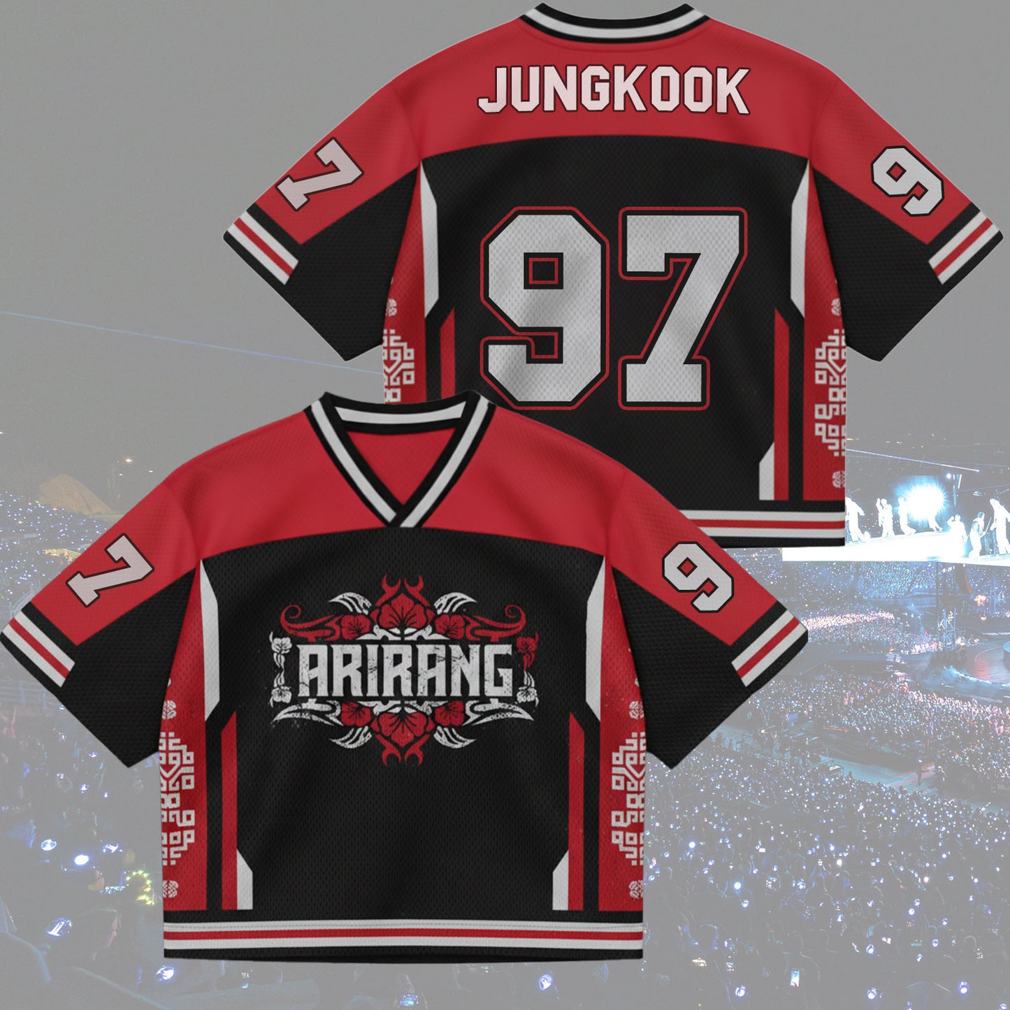 Front and back view of Jungkook Arirang World Tour Urban Graphics Jersey, Red and Black Mix Mesh streetwear style.