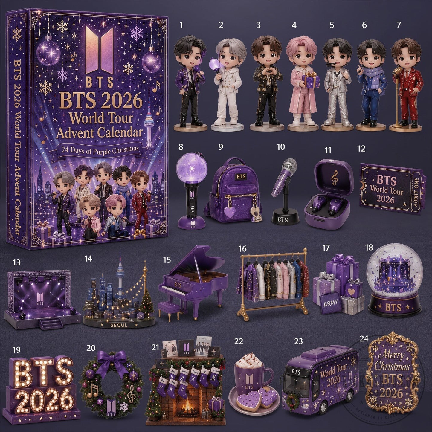 BTS 2026 World Tour Purple Music Christmas Advent Calendar, 24-Day Kpop Fan Countdown Gift, Holiday Collectible Box