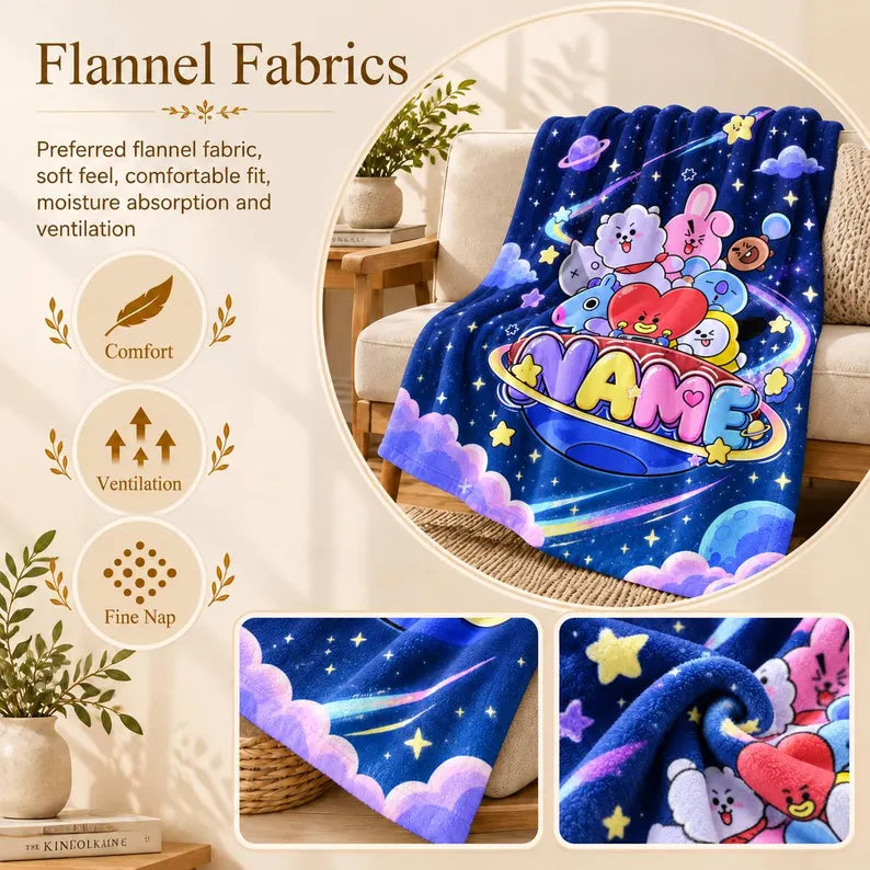 Personalized BT21 Galaxy Heart Fleece Blanket, Custom Name Kpop Throw Blanket, Soft Flannel Gift for BTS ARMY Fans