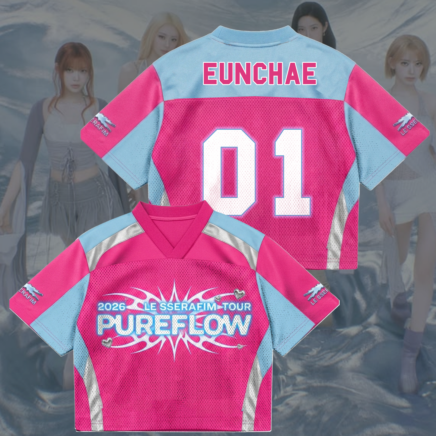 Vibrant Pureflow Le Sserafim World Tour Pink Mixed Mesh Jersey Gift For Fans