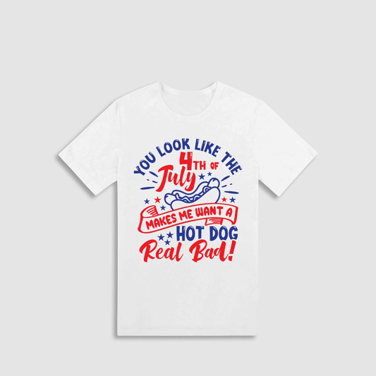 A white t-shirt with a graphic design featuring text and a hot dog illustration.