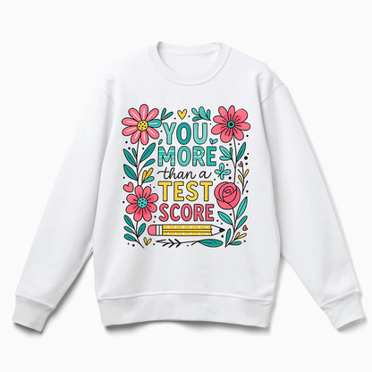 A white sweatshirt with a colorful graphic design featuring flowers, leaves, and a pencil, along with the text "YOU MORE THAN A TEST SCORE".
