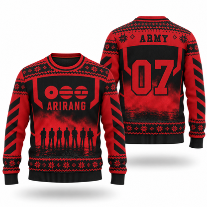 BTS Arirang 2026 Ugly Christmas Sweater, Red Black OT7 Holiday Gift for ARMY Fans