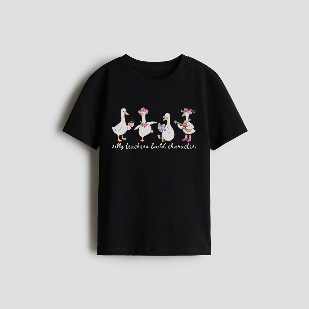 A black t-shirt with a graphic design of four cartoon ducks wearing hats and holding musical instruments.