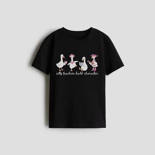 A black t-shirt with a graphic design of four cartoon ducks wearing hats and holding musical instruments.