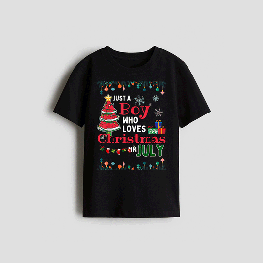 A black t-shirt with a Christmas-themed design and text.