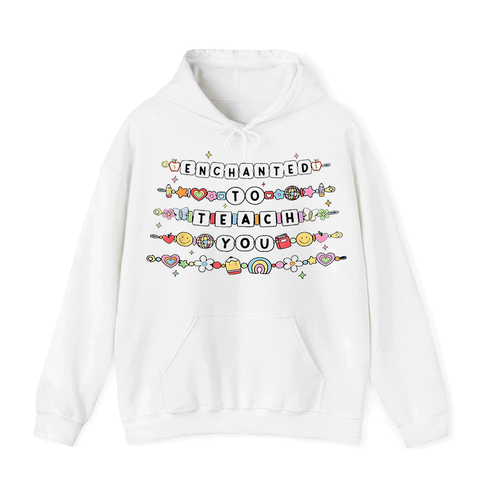 A white hoodie with a colorful graphic design featuring text and various decorative elements.