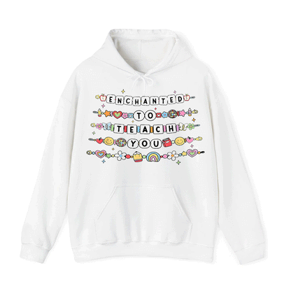 A white hoodie with a colorful graphic design featuring text and various decorative elements.