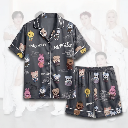 Black Stray Kids Run It World Tour Skzoo Pajama Set Gift For Fans