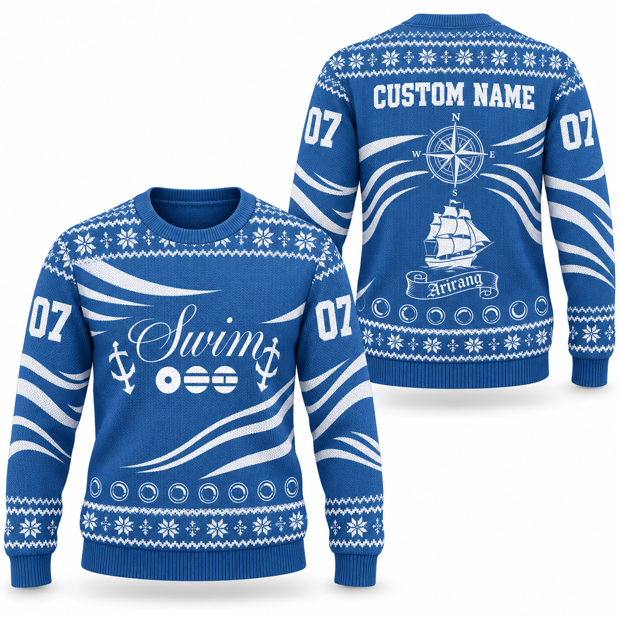 Arirang Swim Custom Name Ugly Christmas Sweater, Blue Nautical Kpop Fan Holiday Gift