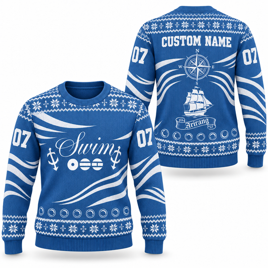 Arirang Swim Custom Name Ugly Christmas Sweater, Blue Nautical Kpop Fan Holiday Gift