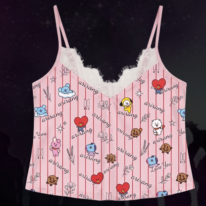 Red Striped BT21 Arirang World Tour Lace Cami Sleepwear Gift For Girlfriends