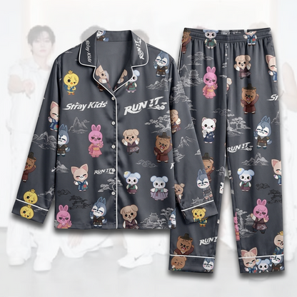 Black Stray Kids Run It World Tour Skzoo Pajama Set Gift For Fans