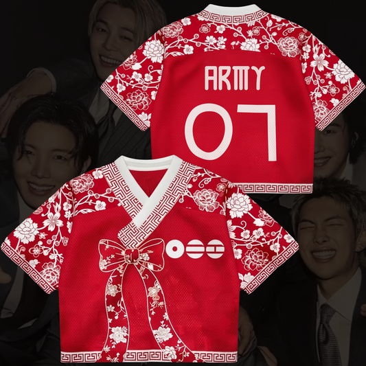 Scarlet Bangtan Floral BTS Tour Hanbok Style Mixed Mesh Jersey Gifts For Fans