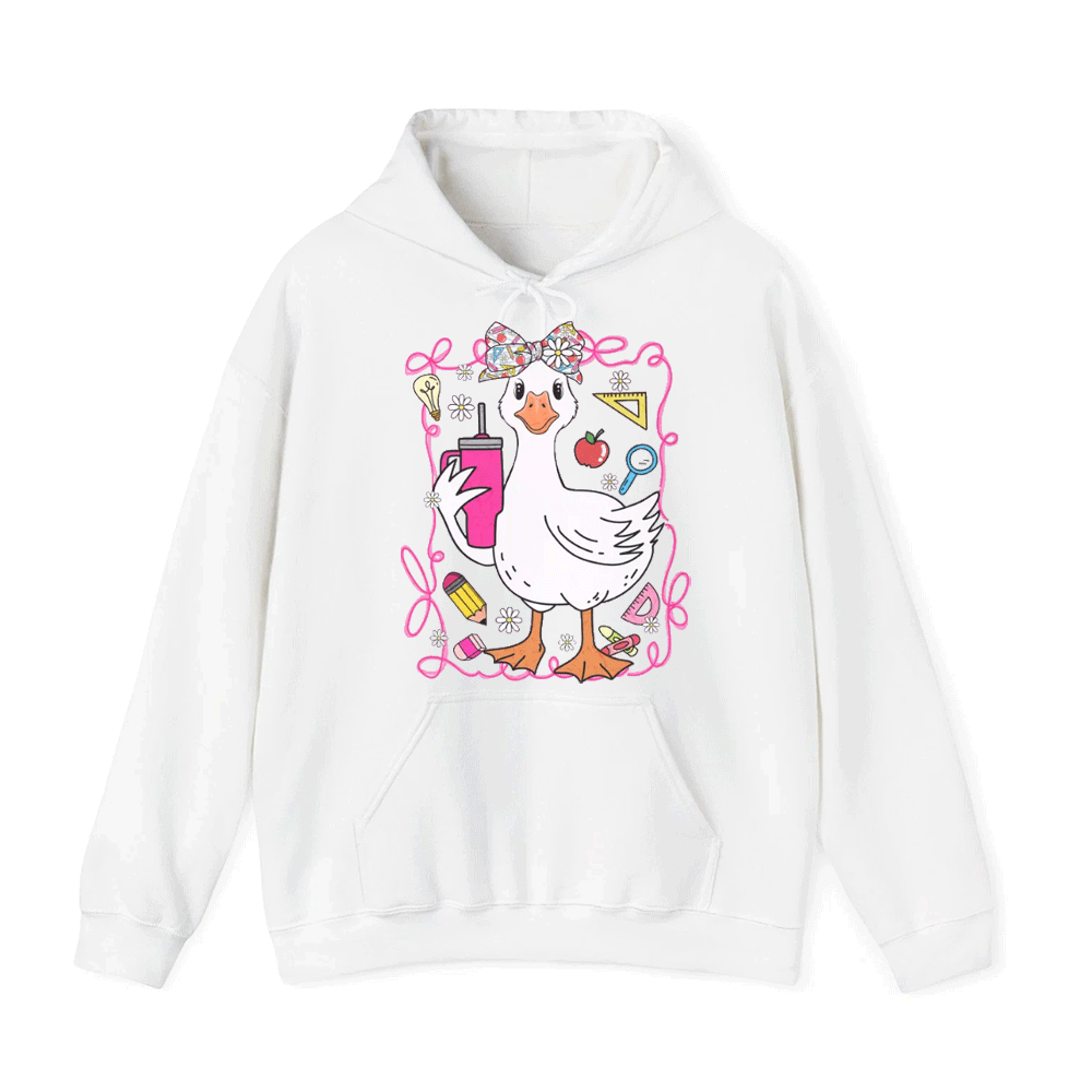 A white hoodie with a cartoon image of a duck wearing a bow and surrounded by various school-related items.