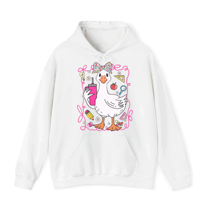 A white hoodie with a cartoon image of a duck wearing a bow and surrounded by various school-related items.