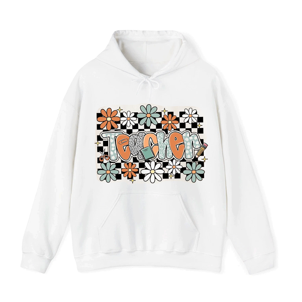 A white hoodie with a graphic design featuring colorful flowers and the word "Teacher" written in a stylized font.