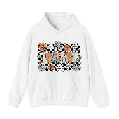 A white hoodie with a graphic design featuring colorful flowers and the word "Teacher" written in a stylized font.