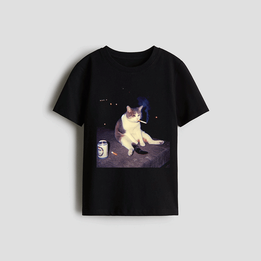 A black t-shirt with a graphic design depicting a cat sitting on a surface and smoking a cigarette.