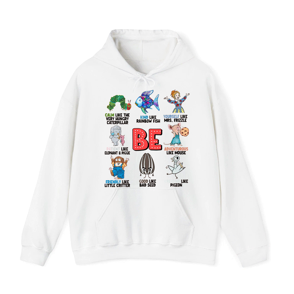 a white hoodie with a colorful graphic design on it. The design consists of various cartoon-style illustrations of animals and people, along with the word "BE" prominently displayed in the center.