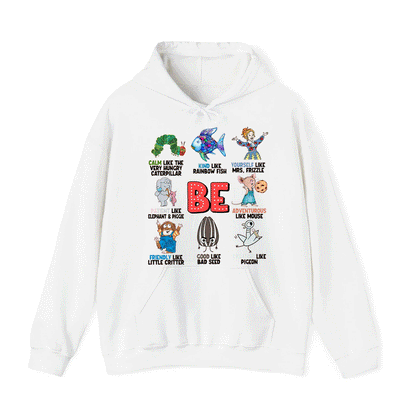 a white hoodie with a colorful graphic design on it. The design consists of various cartoon-style illustrations of animals and people, along with the word "BE" prominently displayed in the center.