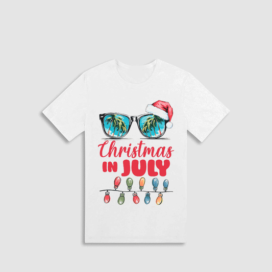 A white t-shirt with a graphic design featuring a pair of sunglasses with palm tree reflections, a Santa hat, and Christmas lights.