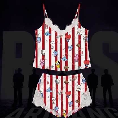 Sweetie Striped BT21 Arirang World Tour Lace Cami Sleepwear Gift For Fans