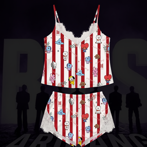 Sweetie Striped BT21 Arirang World Tour Lace Cami Sleepwear Gift For Fans