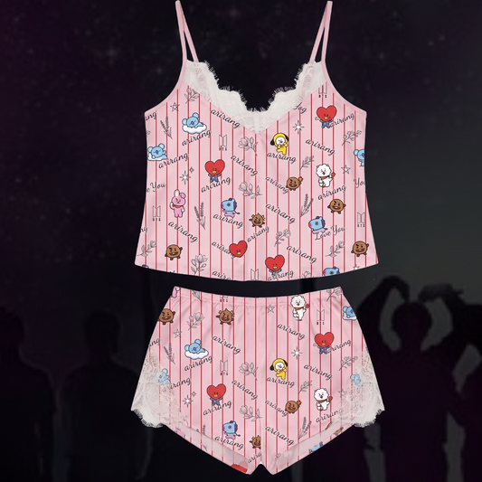 Red Striped BT21 Arirang World Tour Lace Cami Sleepwear Gift For Girlfriends