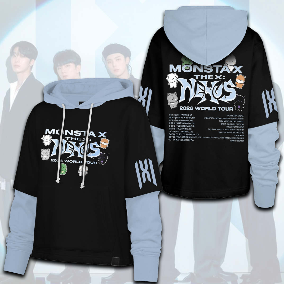 MONSTA X The X Nexus 2026 Tour Kawaii Mascot Baby Blue Shortstop Hoodie For Monbebe