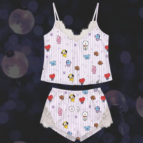 Purple Striped BT21 Lace Cami Sleepwear Gift For Girlfriends