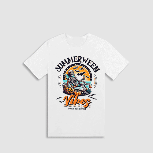 A white t-shirt with a graphic design featuring a skeleton sitting on a pumpkin and a bat flying above it, along with the text "SUMMERWEEN VIVES" and "SPOOKY YEAR ROUND".