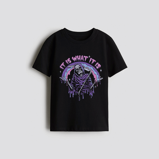 A black t-shirt with a graphic design featuring a skull and the text "IT IS WHAT IT IS" in a stylized font.