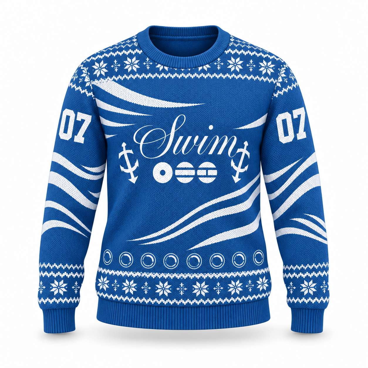 Arirang Swim Custom Name Ugly Christmas Sweater, Blue Nautical Kpop Fan Holiday Gift