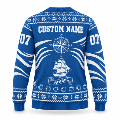 Arirang Swim Custom Name Ugly Christmas Sweater, Blue Nautical Kpop Fan Holiday Gift