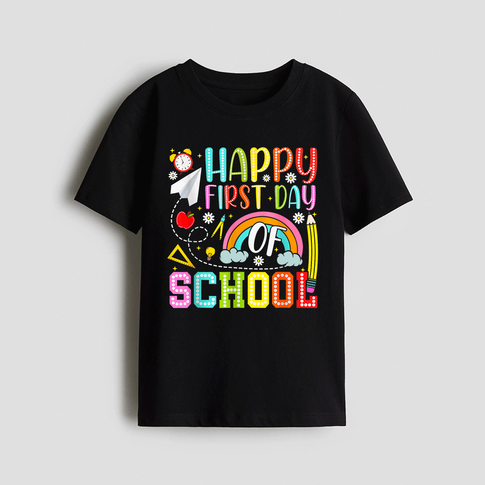 A black t-shirt with a colorful graphic design that says "Happy First Day of School" in a playful and cheerful style.