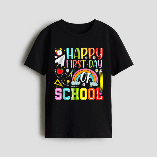 A black t-shirt with a colorful graphic design that says "Happy First Day of School" in a playful and cheerful style.