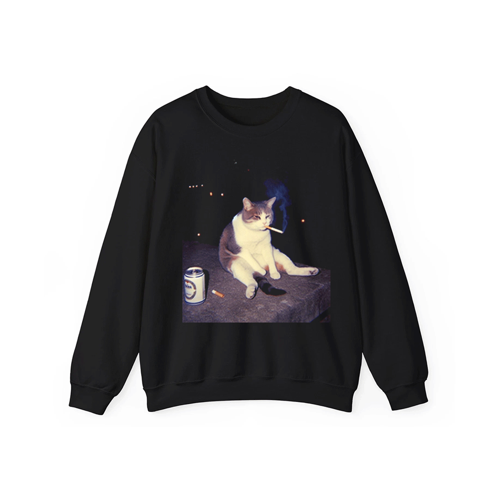 A black sweatshirt with a graphic design depicting a cat sitting on a ledge and smoking a cigarette.