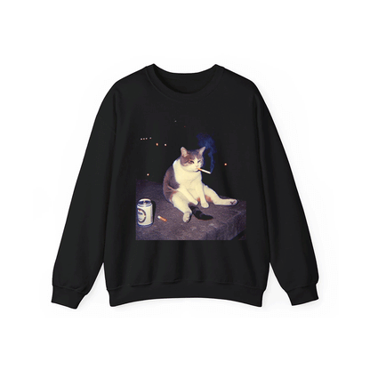 A black sweatshirt with a graphic design depicting a cat sitting on a ledge and smoking a cigarette.