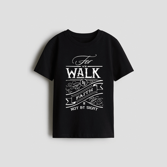A black t-shirt with a white graphic design featuring text and decorative elements.