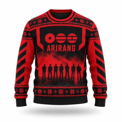 BTS Arirang 2026 Ugly Christmas Sweater, Red Black OT7 Holiday Gift for ARMY Fans
